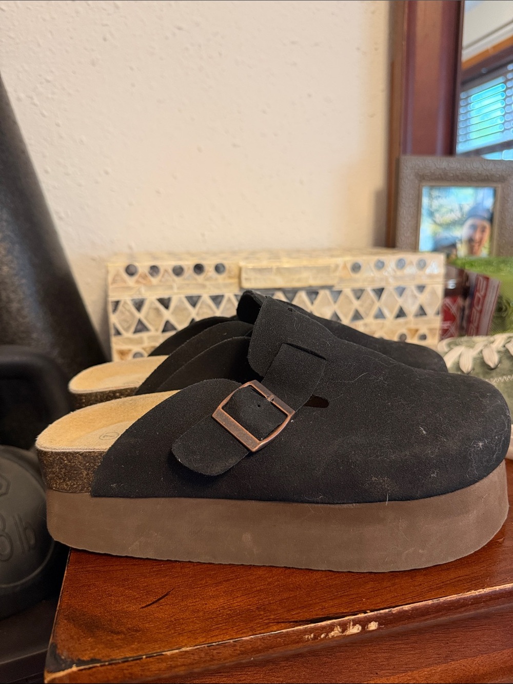 Black Suede Platform Mule Clog with Buckle